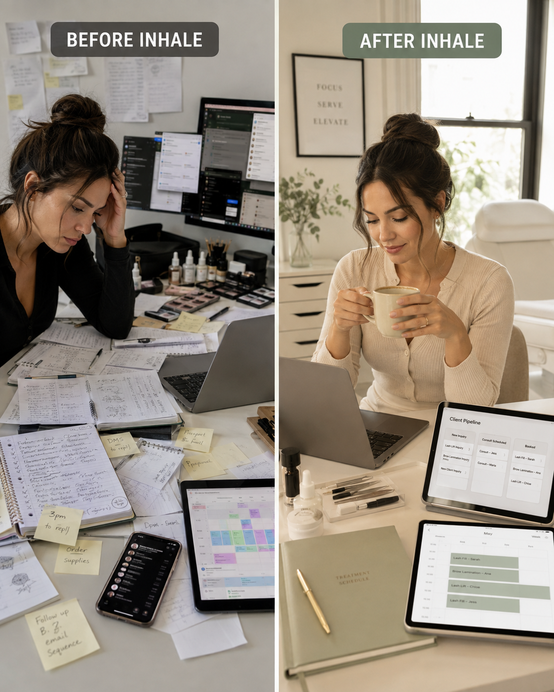 Before Inhale: a beauty professional overwhelmed by sticky notes and scattered notebooks. After Inhale: the same professional calmly reviewing an organized client pipeline and treatment schedule.