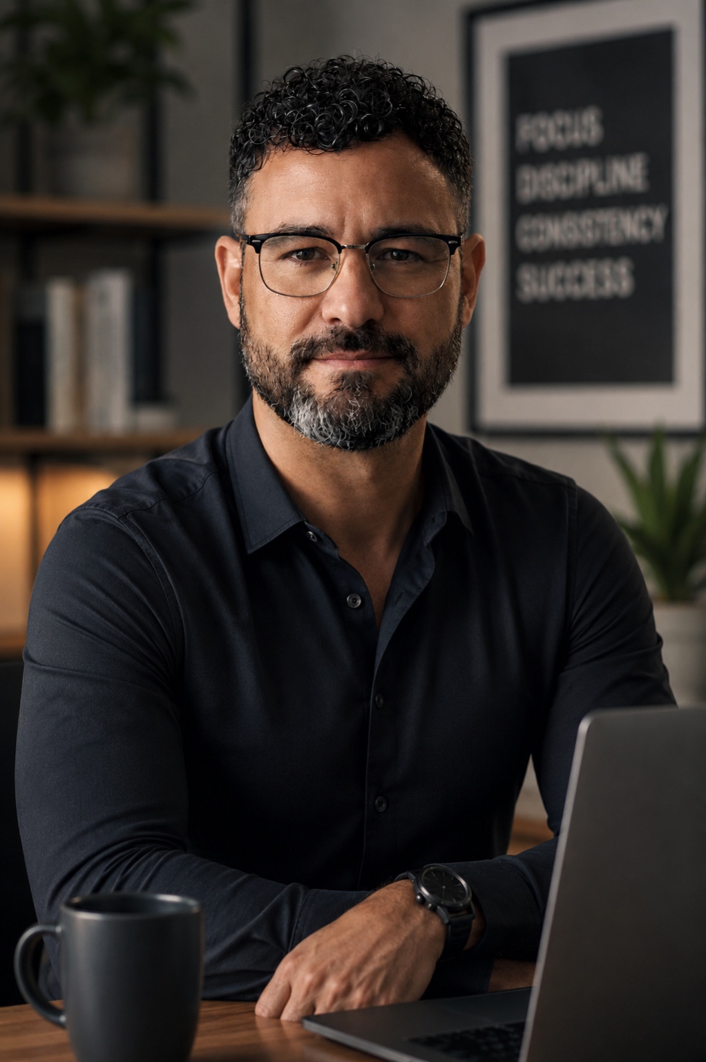 Daniel, co-founder of Inhale Beauty Academy, seated at a desk with a laptop in a home office