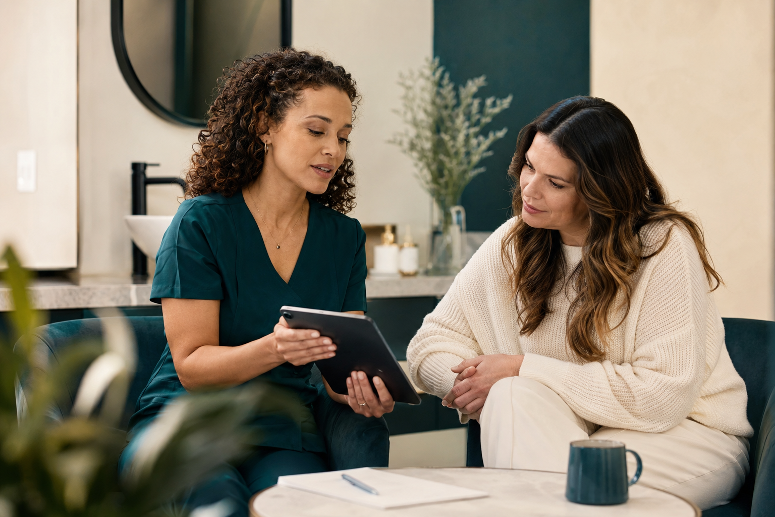 Practitioner reviewing a treatment plan on a tablet with a client during a consultation