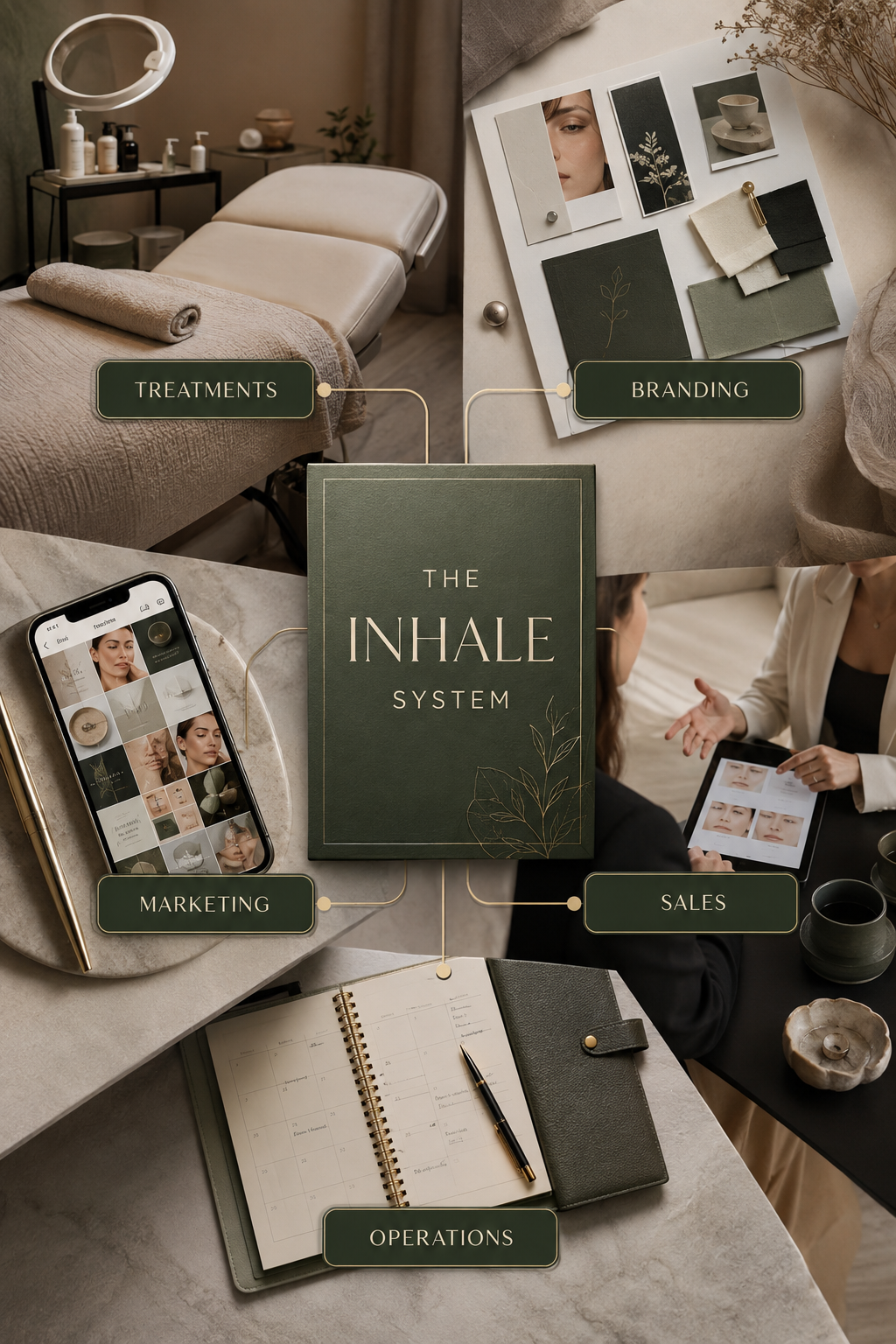 The Inhale System — a workbook surrounded by labelled parts of the business: treatments, branding, marketing, sales and operations