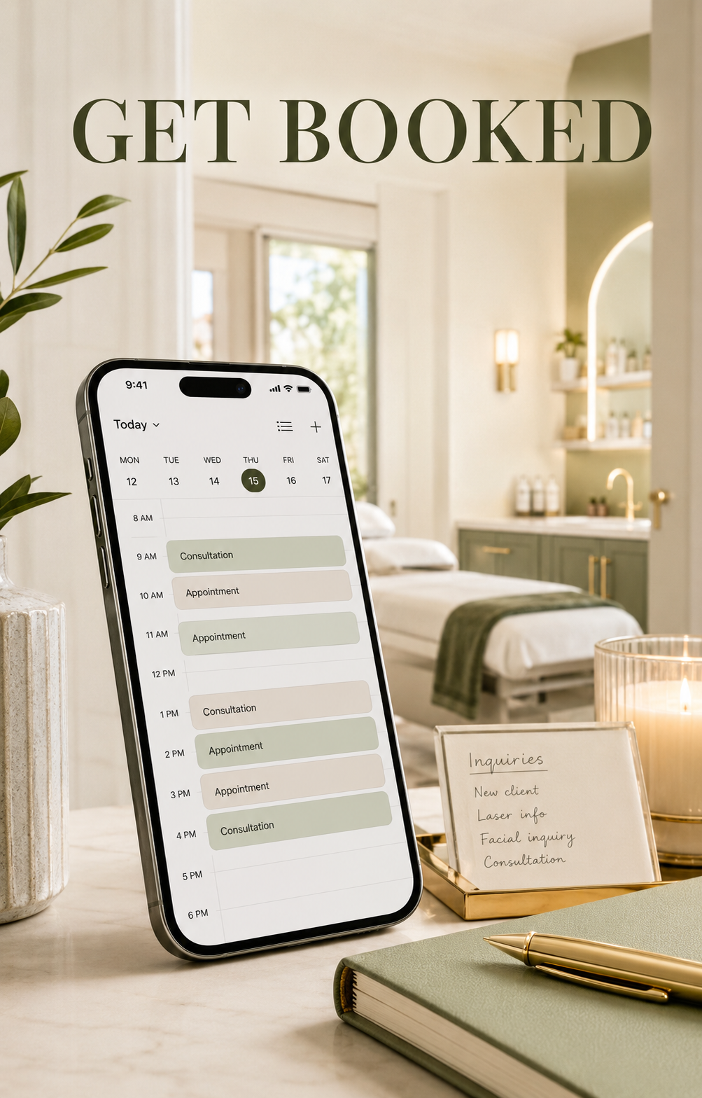 Get Booked — a phone showing a full day of consultations and body-contouring appointments beside a calm treatment room