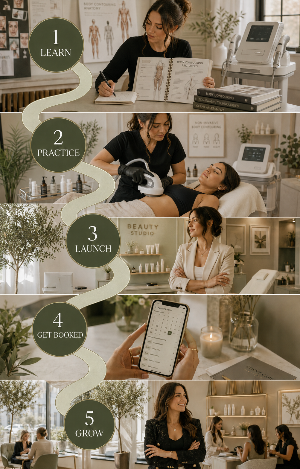 Five-step roadmap: 1 Learn, 2 Practice, 3 Launch, 4 Get Booked, 5 Grow — shown as a winding path through study, body-contouring practice, opening a studio, filling the calendar and growing the business