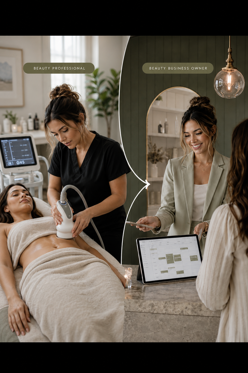 Split visual: a beauty professional performing a body-contouring treatment on a client, and the same professional as a business owner reviewing her booking calendar with a client