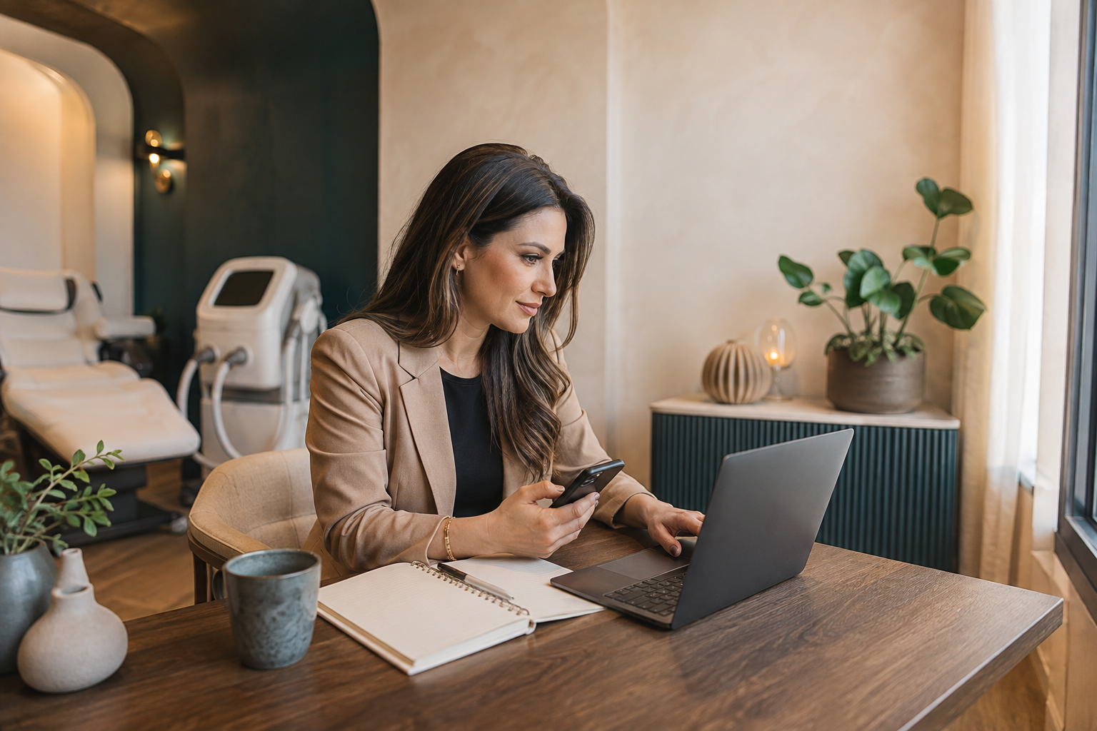 Studio owner working at a laptop and phone managing bookings and follow-up beside her treatment room